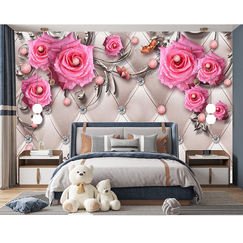 European Flowers 3d Wall Mural Modern Jewelry Pink Rose Flower Wall Mural Living Room Bedroom Home Decor