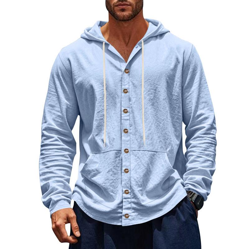 Spring/Autumn Loose-Fit Men's Shirt Relaxed Linen Casual Simple Beach Hooded Long-Sleeved Shirt