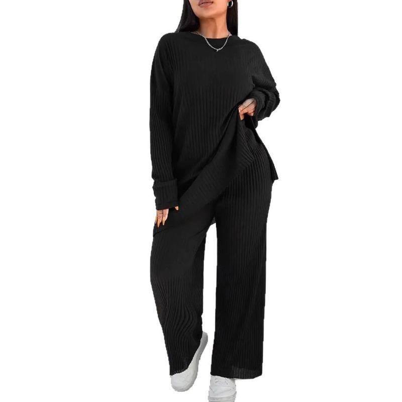 Plus Size Women's New Fashion Casual Slimming Round Neck Long Sleeve Solid Color Knit Two Piece Suit