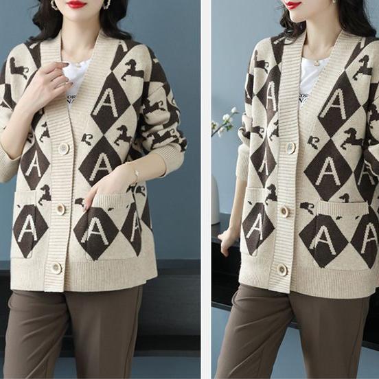 Women's Plus Size Knitted Cardigan Sweater Spring Autumn V-Neck Printed Knit Sweater Jacket Casual Loose Knit Jacket