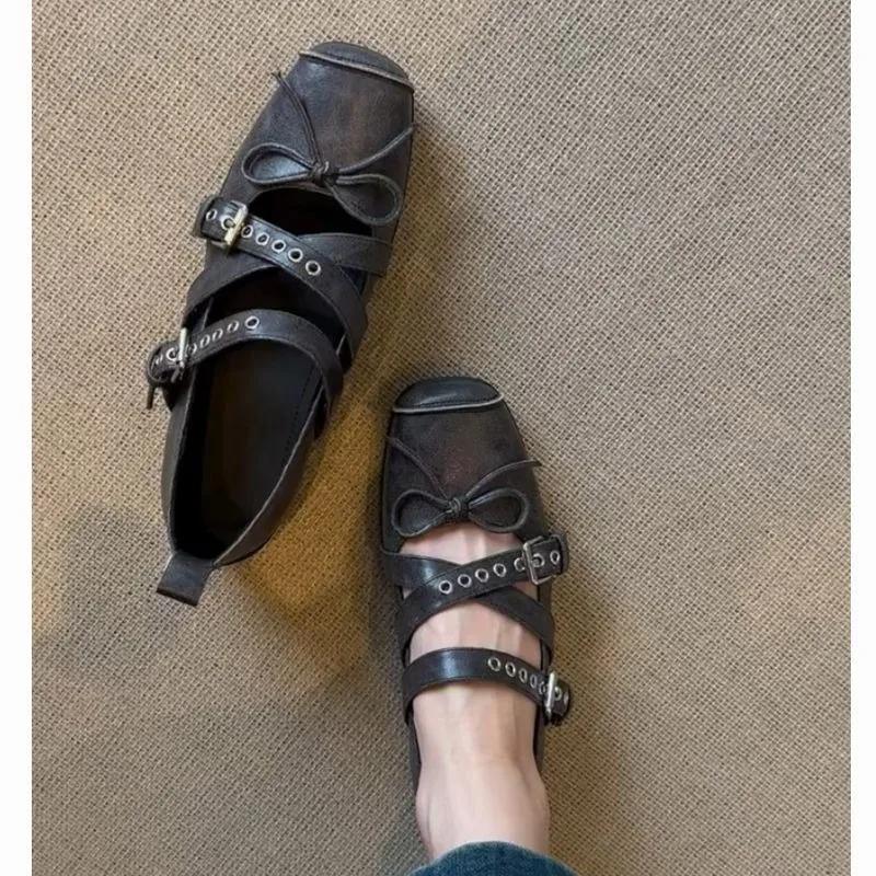 2025 Spring and Autumn New Shallow Mouth Hollow Square Head Flat Shoes Retro Multi Functional Bow Ballet Shoes for Women