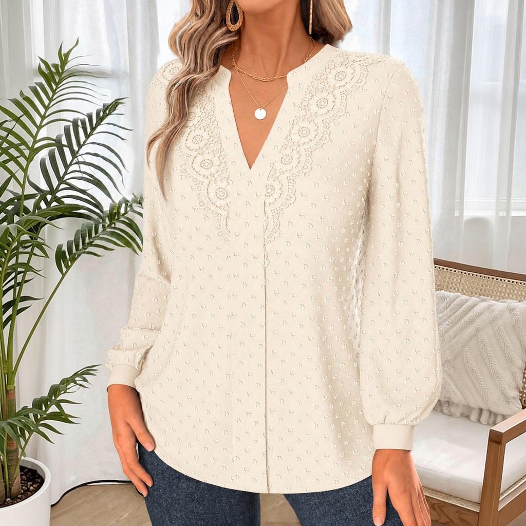 Women's Casual Long Sleeve V-Neck Blouse with Lace Trim, Color