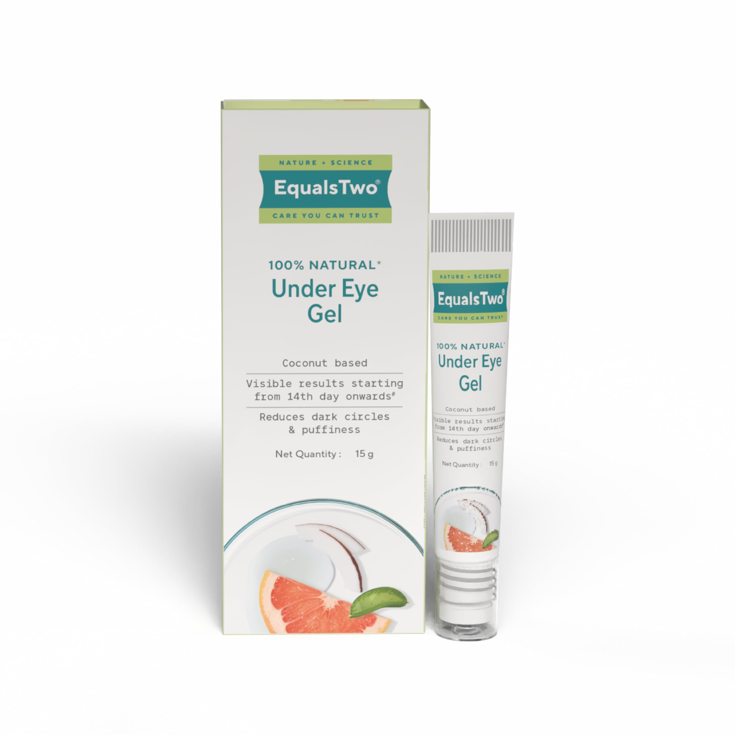 EQUALSTWO by Zydus Under Eye Gel for Dark Circles, Puffiness & Wrinkles, 15ml | Natural Under Eye Gel for Men & Women with Coconut, Cucumber, Grape