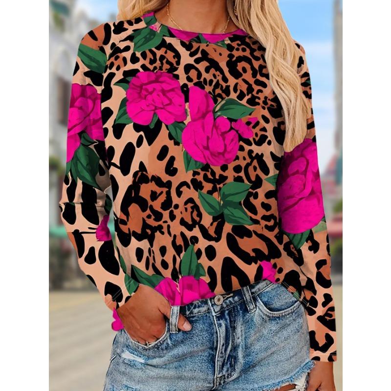Women's long-sleeved T-shirt leopard print rose red floral print fashion personality street style casual daily wear top machine washable