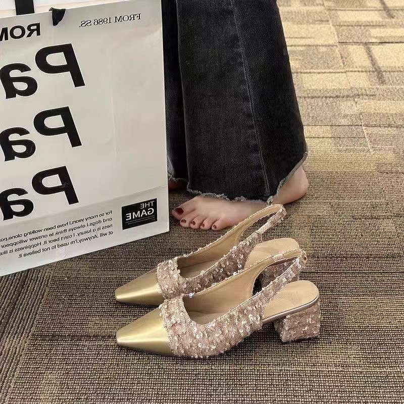 French medium high heel white bag head sandals fairy shoes 2025 spring and summer small fragrant temperament with skirt single shoes