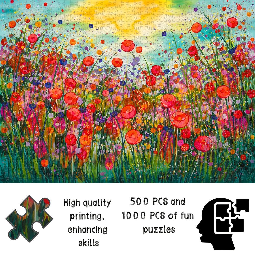 500/1000pcs Jigsaw Puzzle Suitable for & Families - Challenging Rectangular Brain with Red Flowers, Wild Fields Landscape, Sunset Hues & Golden Dome -