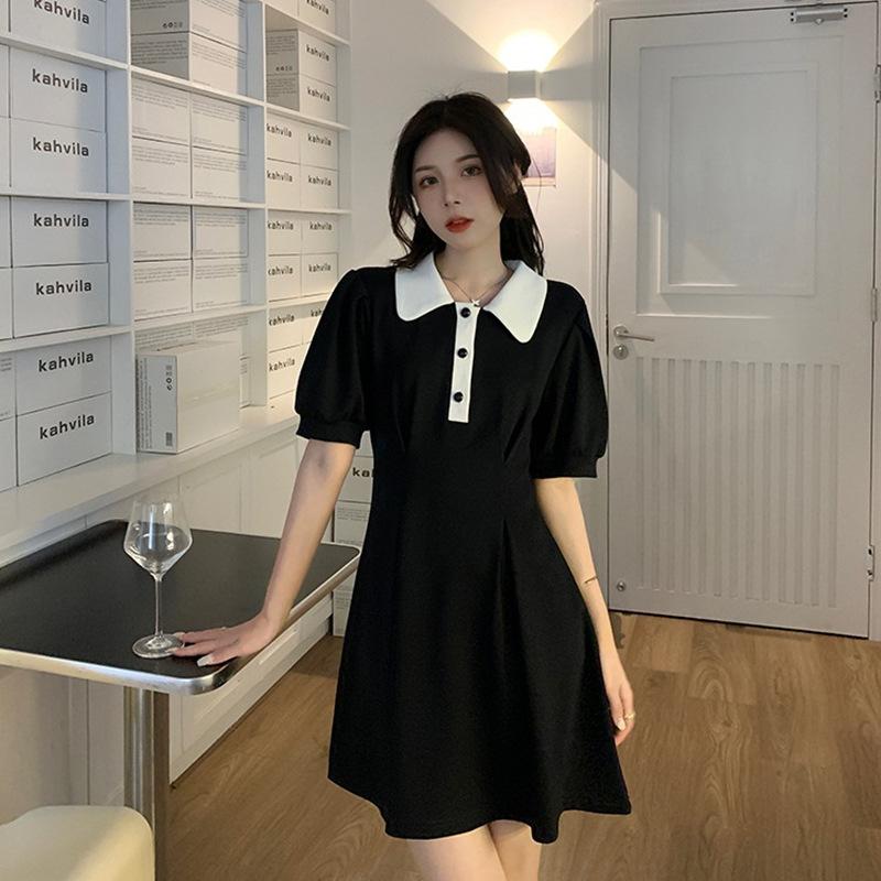 Polo Collar Color-blocking Design Short-sleeved Dress for Women In Summer Latest Niche Waist-hugging and Slim Small A-line Skirt