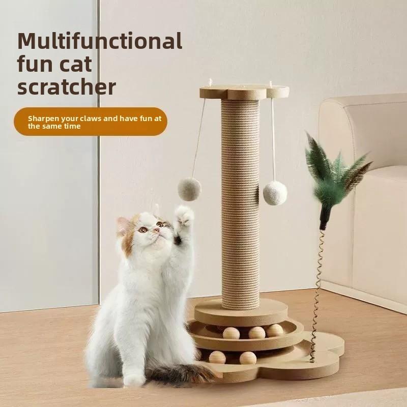 Wooden Cat Scratcher With Rope Play Toy For Pet Enrichment And Entertainment