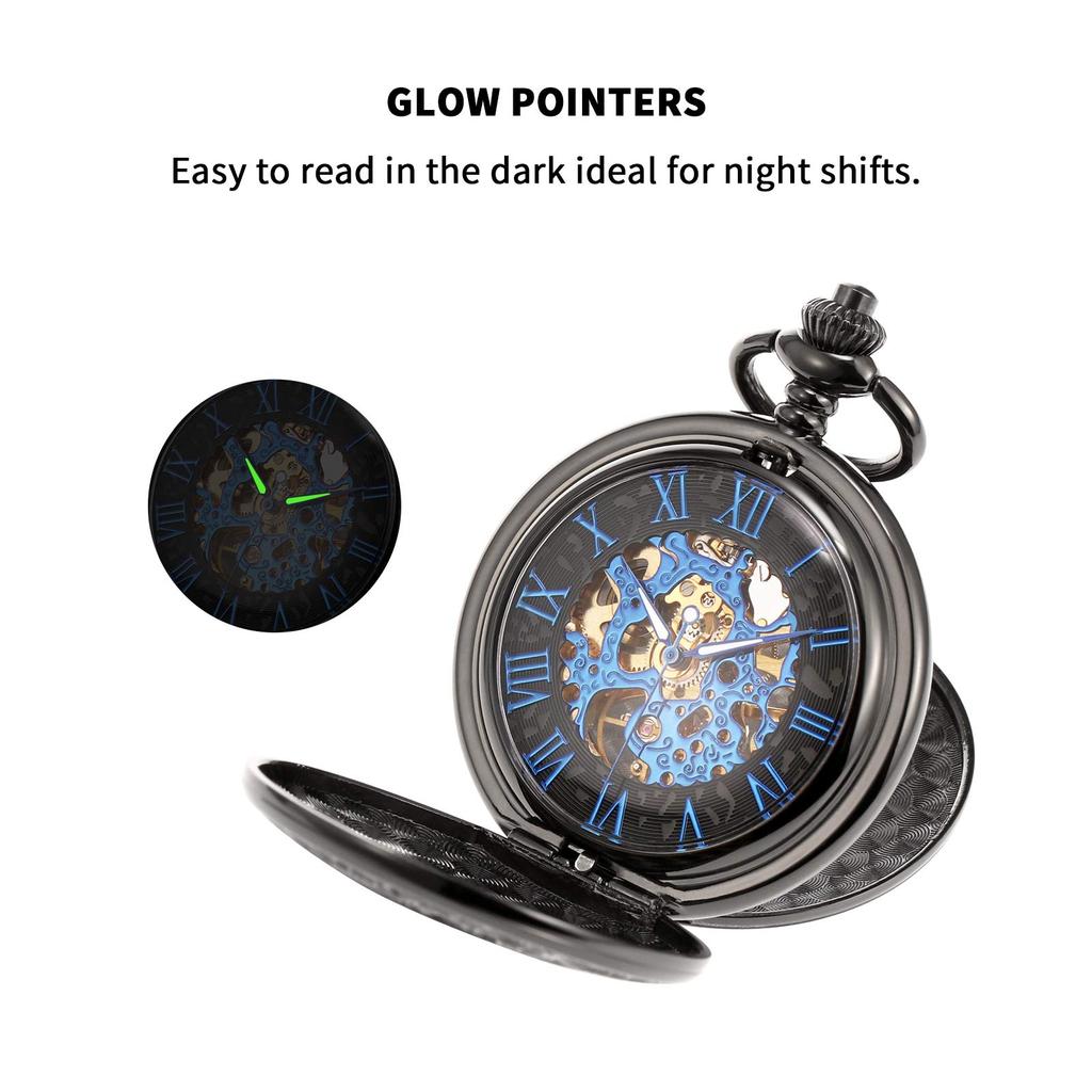 TREEWETO Men's Mechanical Skeleton Pocket Watch Roman Numeral Dial Gift Box Chain