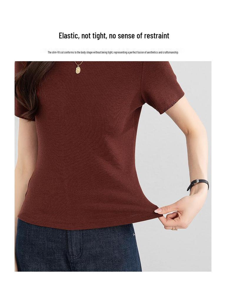 Xin Ge Burgundy Slimming Short-Sleeve High-Waist Women's T-shirt
