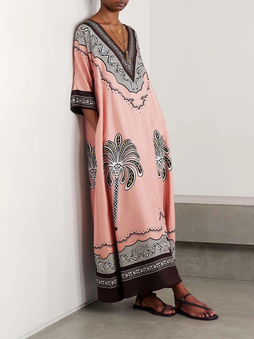 

New European And American Summer Casual Positioning Printed V-Neck Loose Satin Vacation Dress S