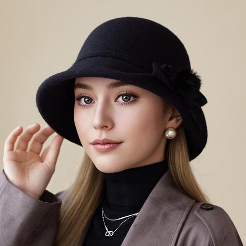 

Шляпа Леди Осень и Зима Новая Шерстяная Цилиндр Мода Цветок Теплая Шляпа-Ведро Панама one size чёрный