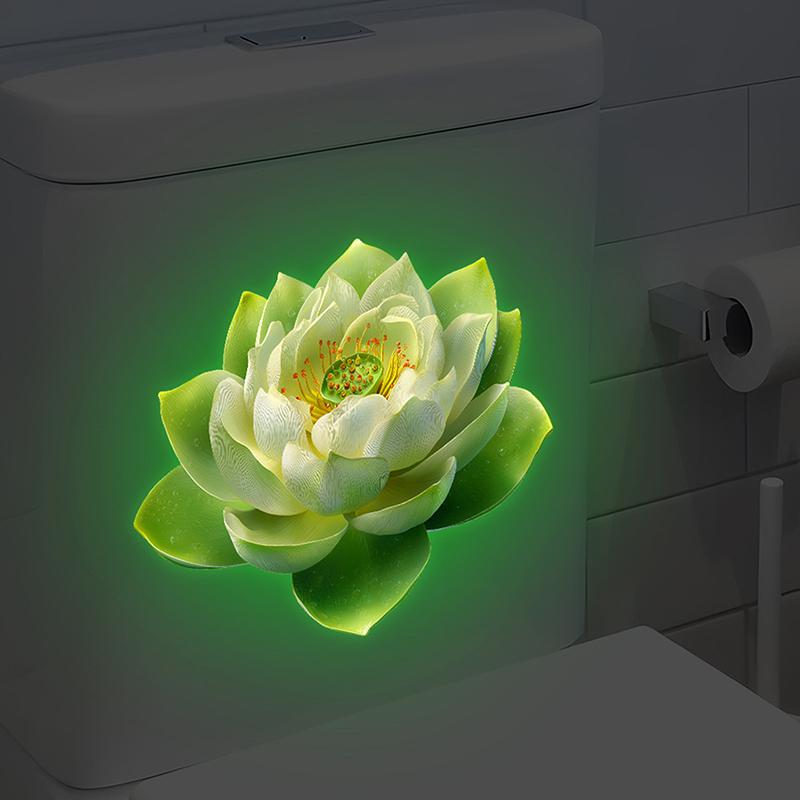 1Pc Luminous Lotus Toilet Sticker, Creative Self-Adhesive Wall Decal For Bathroom, Waterproof Luminous Decoration