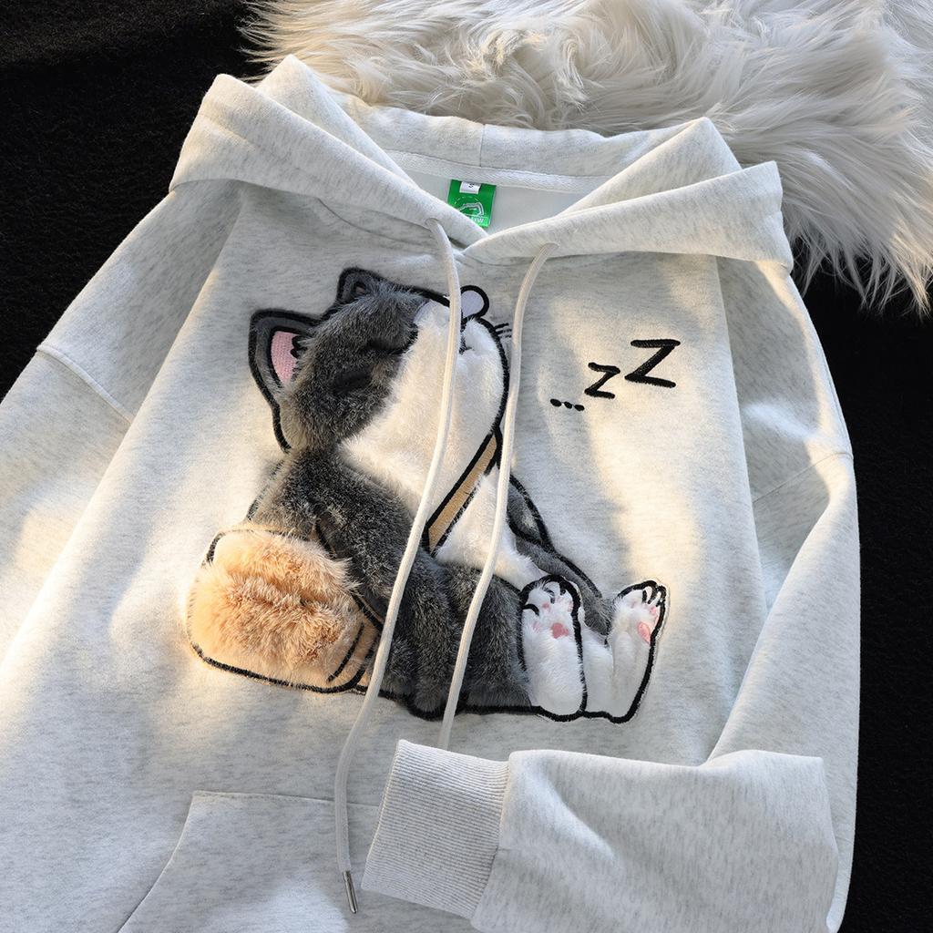 Japanese retro sleepy school ragdoll cat flocked hooded sweater men and women chic different couple coat