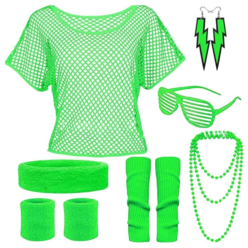 80er Jahre Kostümzubehör Stirnband Ohrring Netzshirt Halskette Armband für 80er Jahre Retro Party Dekorationen