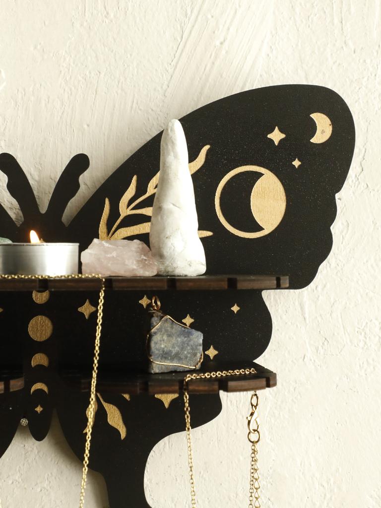 Black Butterfly Display Shelf Star&Moon Wood Floating Wall Shelves for Crystal Stone and Essential Oil Rack Witch Home Decor