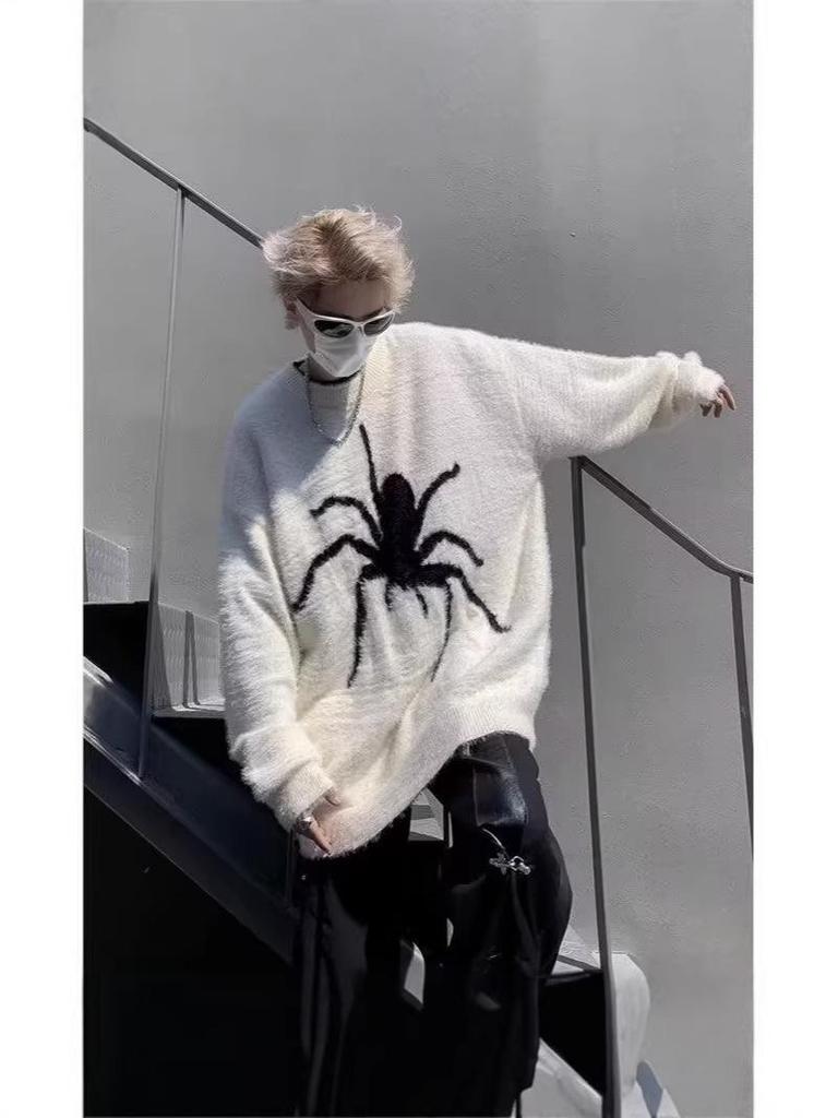 Unisex Plus Size American Retro Spider Sweater - High Street Autumn/Winter Style Mink Velvet Loose Knitwear