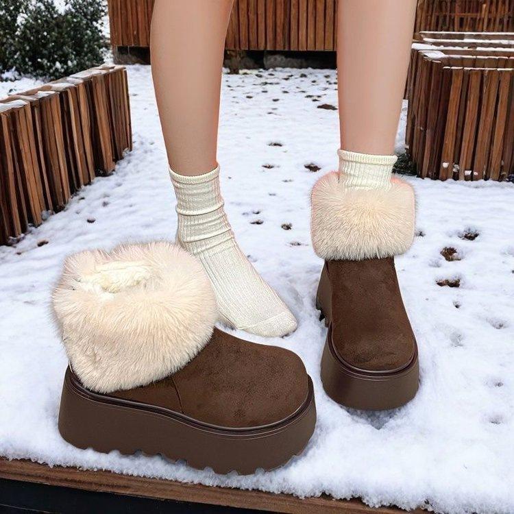 Thick-soled snow boots new frosted leather cotton shoes cashmere winter velvet warm muffin short boots