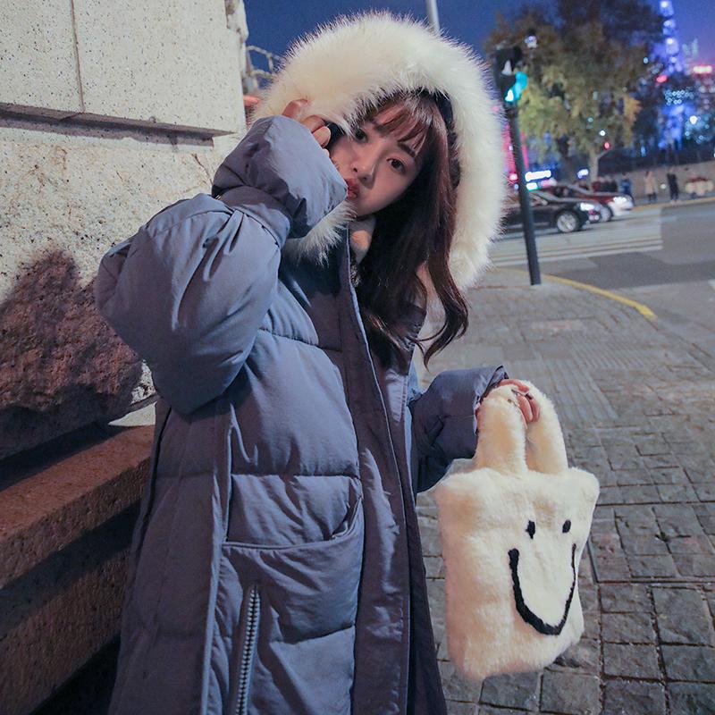 

Утолщенное свободное зимнее пальто из хлопка в корейском стиле с большим меховым воротником для женщин XS синий