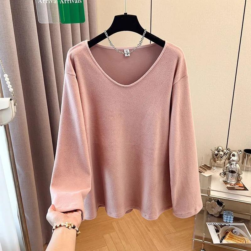 Tops for Women Long Sleeve Shirts Winter Oversize Solid Color Thickened Casual V Nevk Shirt Loose Blouse Pullover Tops