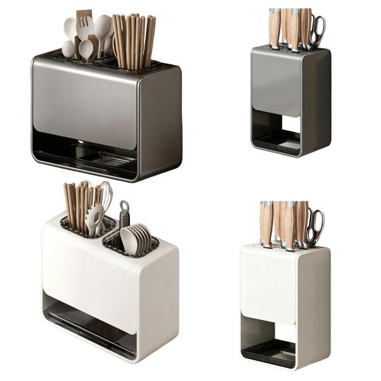 Wall-Mounted Countertop Knife Holder with Drip Tray Space-Saving Carbon Steel Plastic Rack for Kitchen Knives No-Drill Installation Anti-Slip