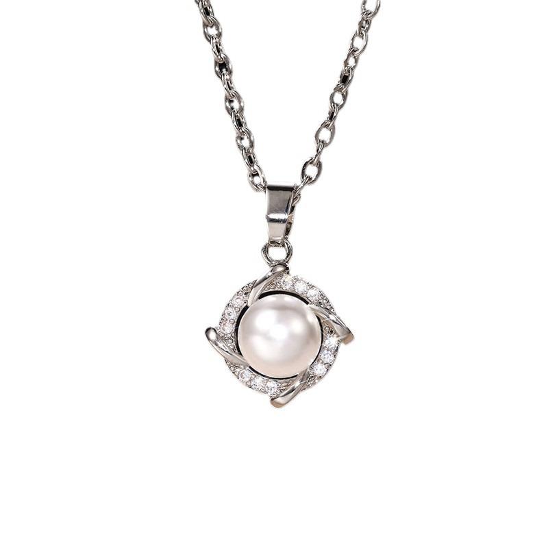 Rose Gold Plated Simulated Pearl & CZ Pendant Necklace, Delicate Cable Chain Necklace for Women