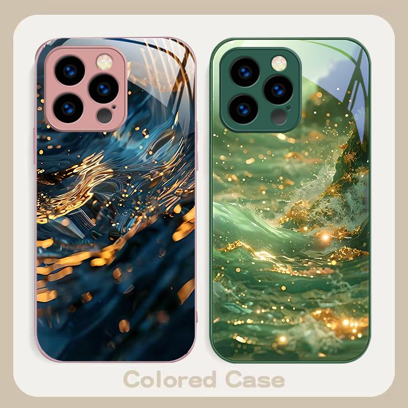 Kleurrijke golven blauw telefoonhoesje van gehard glas voor iPhone 16 Plus 15 14 13 12 Mini 11 Pro Max X XS XR 7 8 Plus 2022