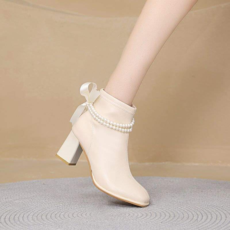 

Французские ботинки мартин женские 2025 новая осень и зима тонкие ботинки квадратный носок модные короткие ботинки ботильоны бежевые высокие каблуки 39