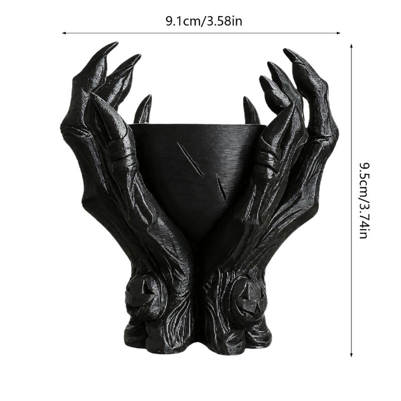 Dark Small-Item Dish with Sculpted Devil Hand Hands, Open Storage Bowl for Jewelry, Keys and Earbuds, Black Desk or Dresser Display Piece
