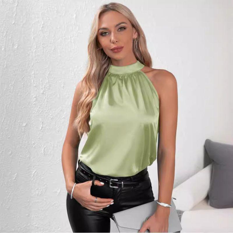 Hanging Neck Vest2024 European American Summer New Women's Satin Pure Color off-Shoulder Halter Vest