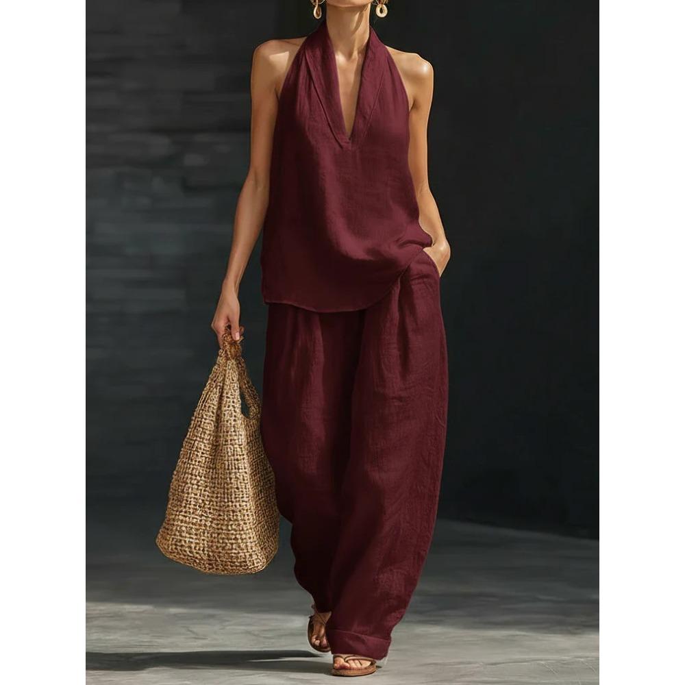 Damen Lässiges V-Ausschnitt Kurzarm Top & Weite Hosen Zweiteiliges Set, Lockeres Entspanntes Outfit für den Sommer