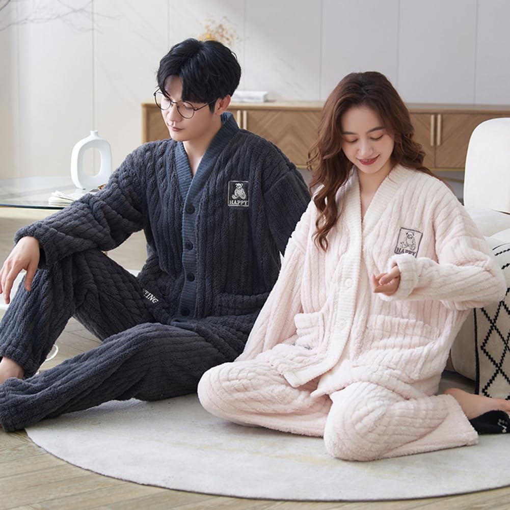 Winter Pajama Fluffy Top and Chill Wedding Unisex D.IIZOO Couple's Set, Bottoms, Open-Front, Thick, Autumn/Winter Loungewear, Protection, Gift, (Size