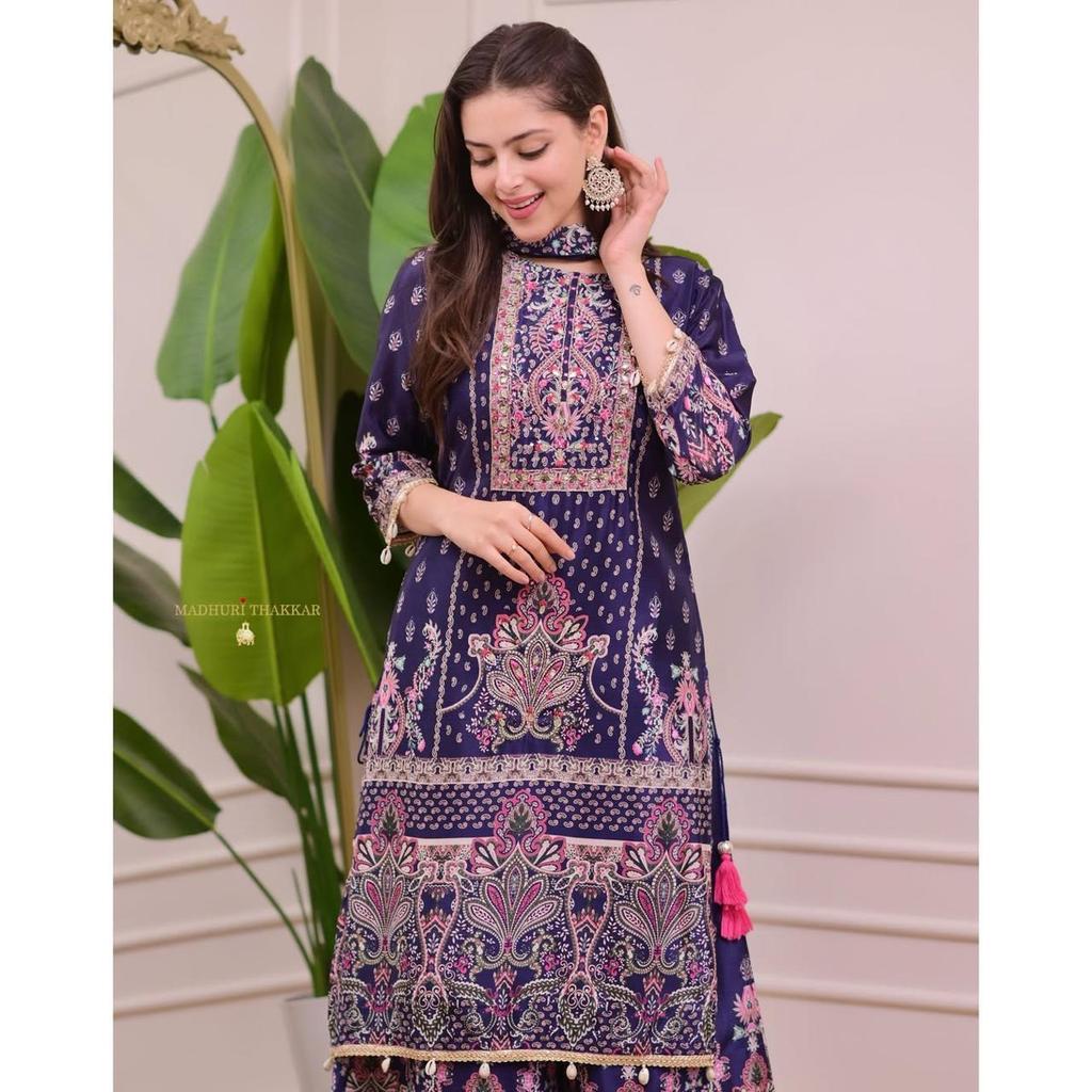 Designer Wear Trending Top with Printed Work with Hand Work with Plazo and Dupatta Set