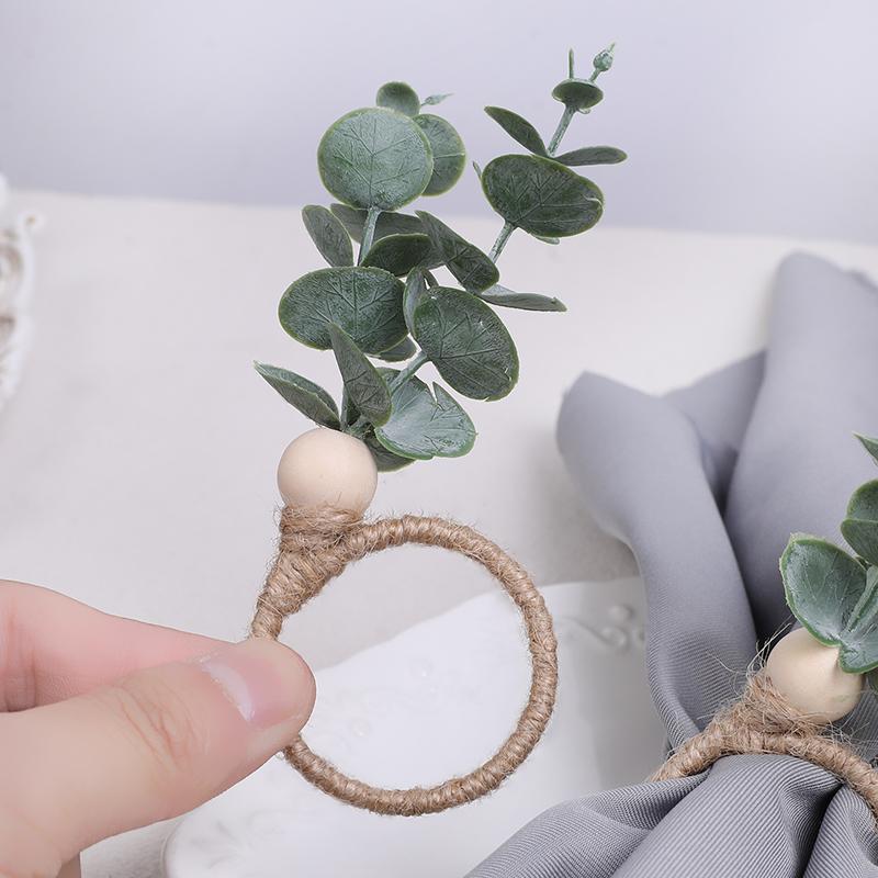 Eucalyptus Leaves Napkin Ring Wedding Napkin Holder Buckles with Wood Bead Easter Home Table Decoration Birthday Party Supplies