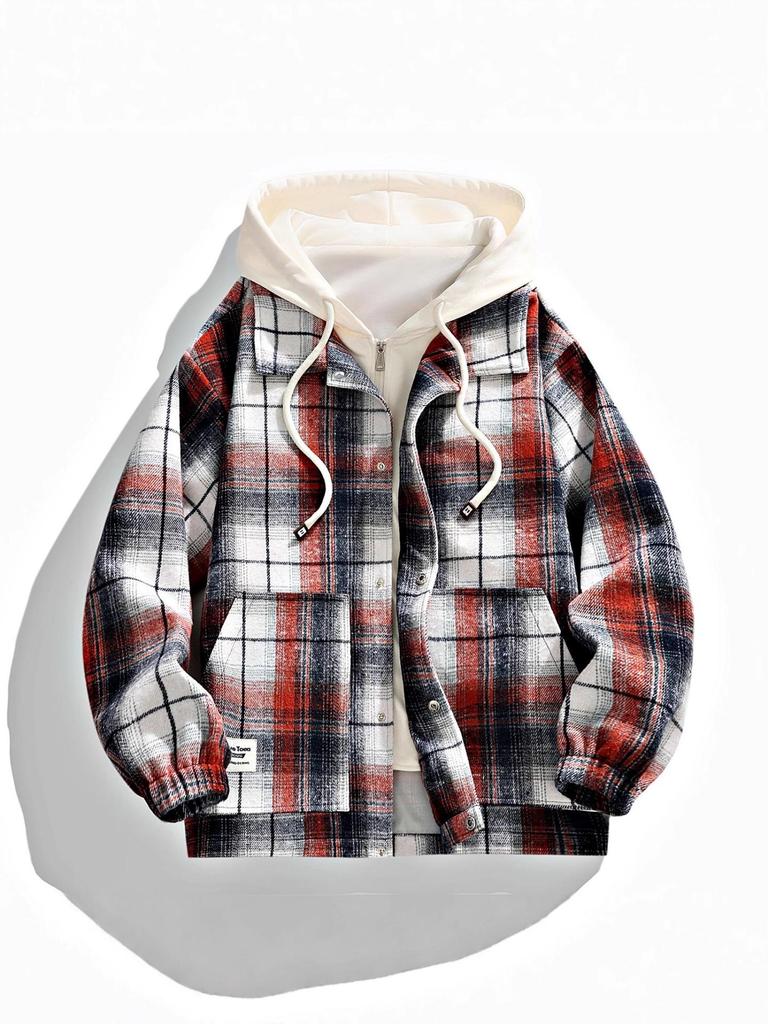 2025 Autumn Men's Retro Plaid Hooded Fake Two-Piece Casual Jacket