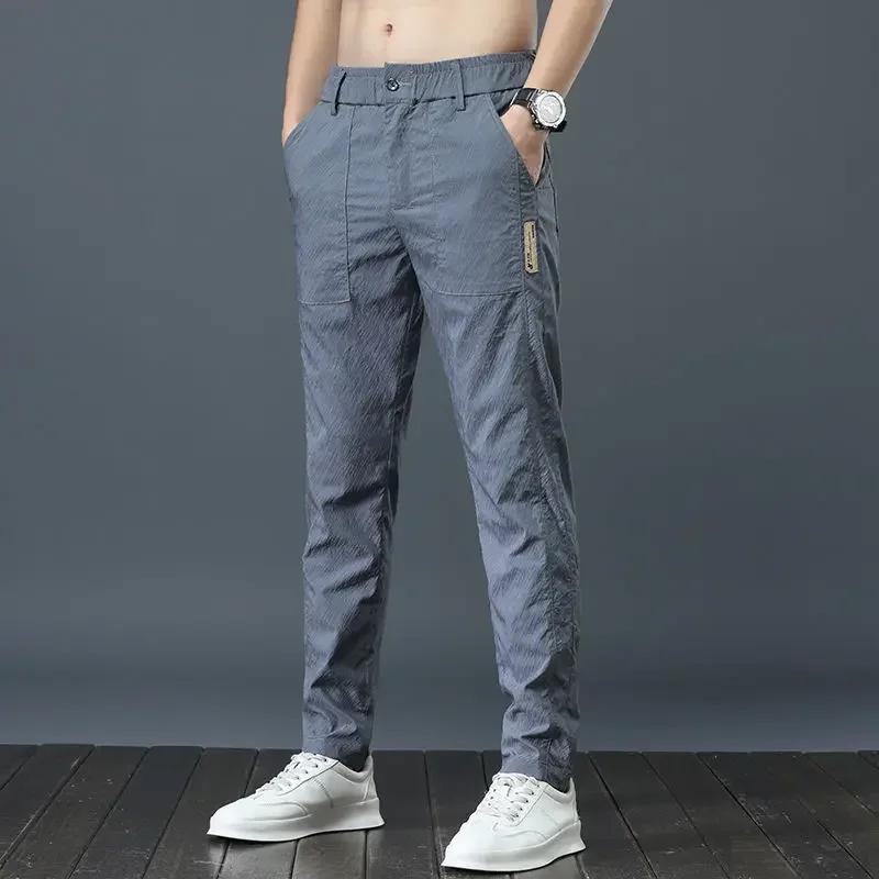 

Men s Summer Thin Casual Pants Breathable Ice Silk Elastic Straight-leg Loose-fit Quick Dry Pants Trendy Versatile Long Trousers 28 светло-серый