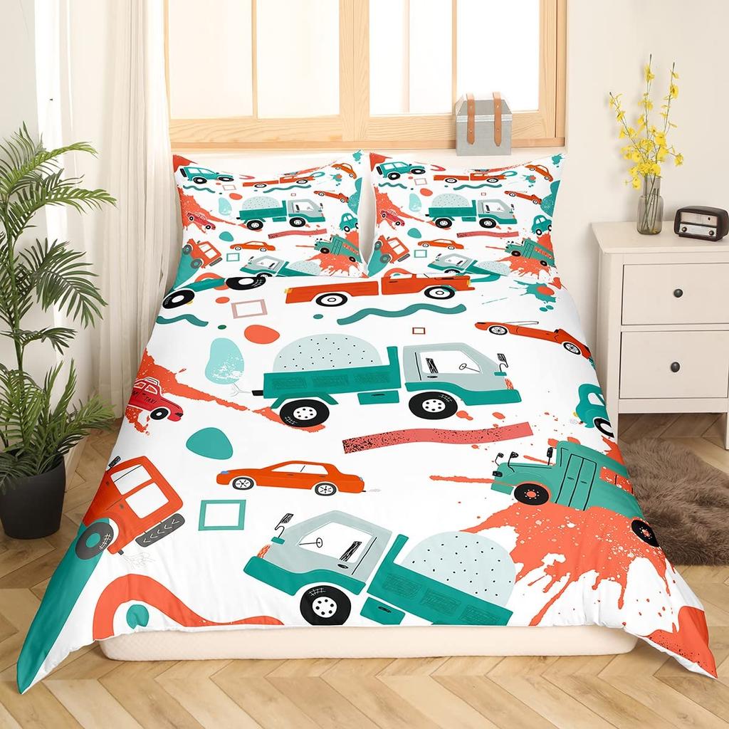 Lenjerie de pat galbenă cu taxi, rege/regină, pentru băieți, desene animate, transport, set de pat roz cu peisaj urban, husă de pilotă din poliester, husă de plapumă