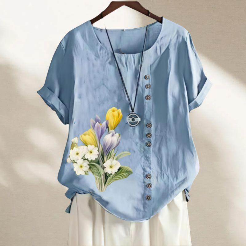 

Европейский художественный гонконгский стиль одежда больших размеров для женщин модная двубортная с круглым вырезом с принтом свободная повседневная универсальная футболка с коротким рукавом Light blue XL Plus size