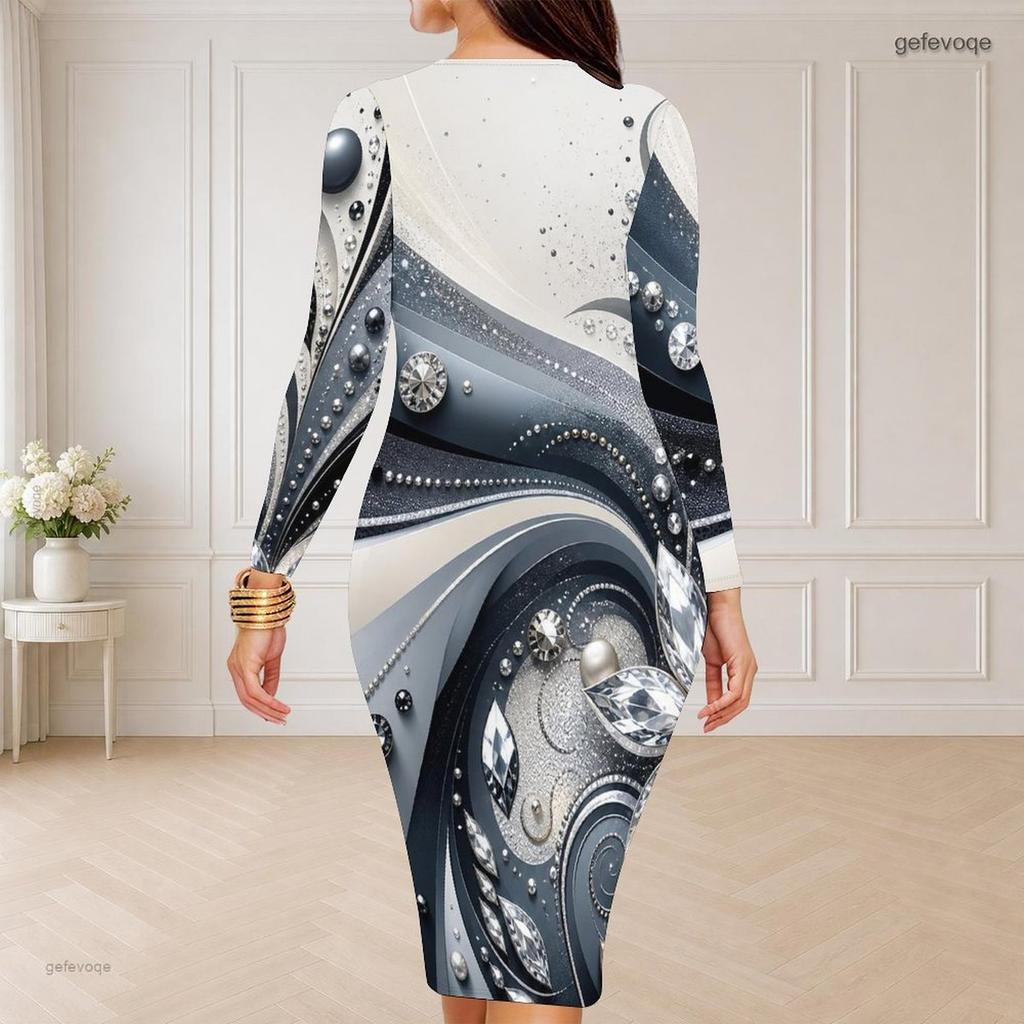 Women Plus Size Round Neck Long Sleeve Printed Green Black Bodycon Midi Dress