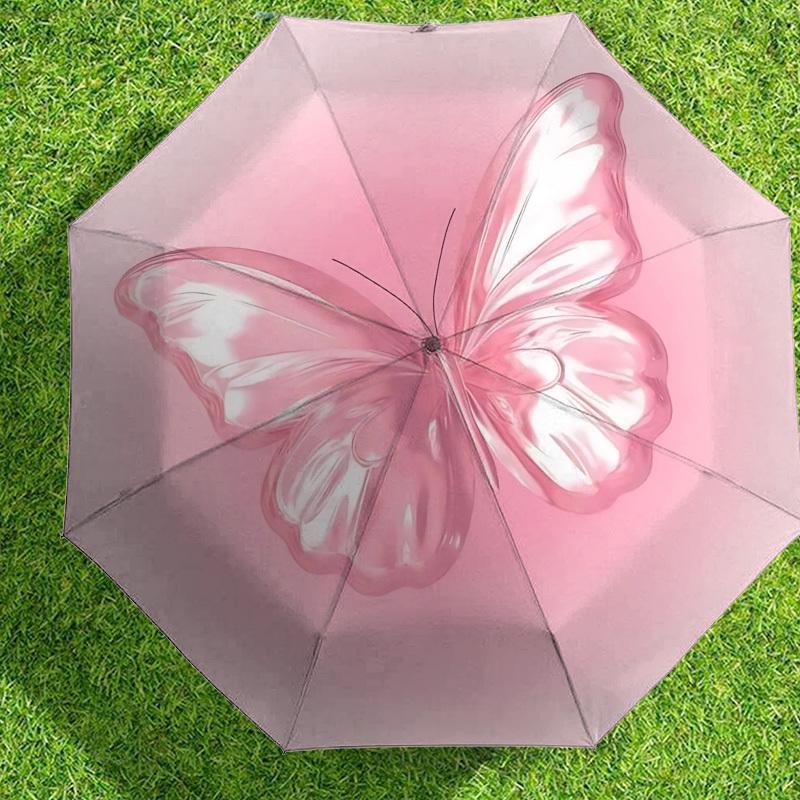 1pc Butterfly Pink Automatic Folding Umbrella 8 Rib Iron Frame,  Suitable for Travel, Daily Use, Birthday, Women & Men Gift c1231041