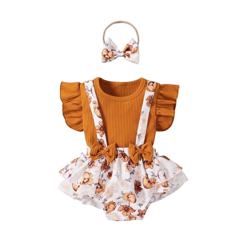 Prinsess-stil Baby Sommaroverall Set: Triangelbody, Tröja att dra över huvudet, Puffbyxor, Kjola