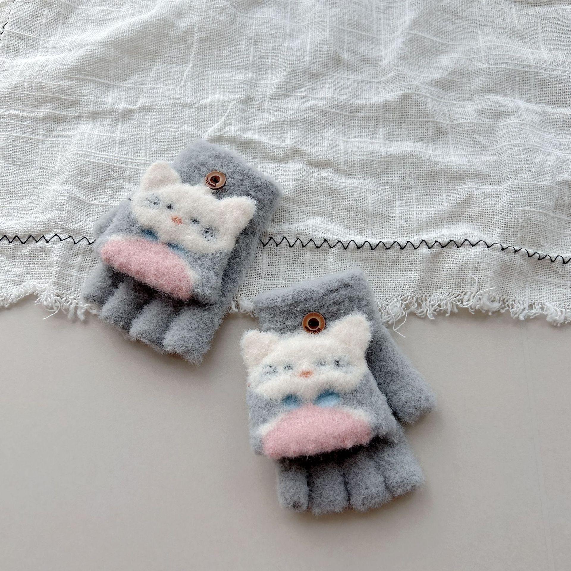 

2-7 years old cartoon female cat half finger flip gloves winter cold warm kindergarten thickened outdoor cute One Size