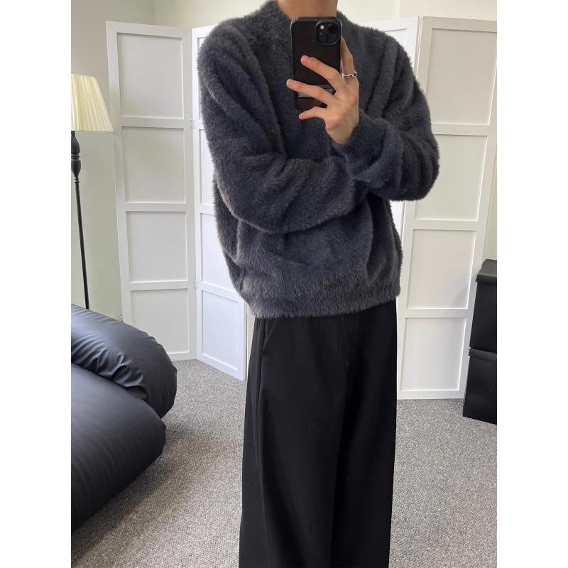 Męski sweter z sztucznego futra norek: Miękki Puszysty Dzianina, Okrągły Dekolt, Długi Rękaw, Swobodny Luźny Krój na Jesień/Zimę