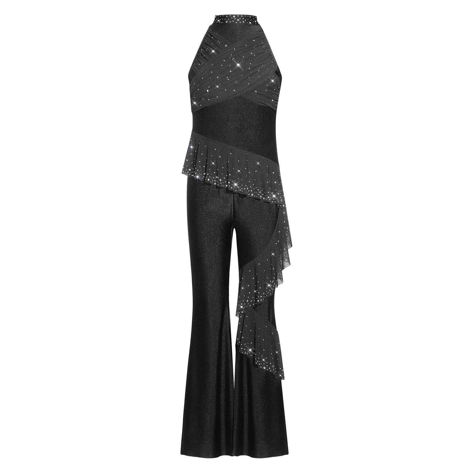 

Girls Sparkly Rhinestones Dance Jumpsuit Sleeveless Ruched Mesh Ruffles Bell Bottom Bodysuit 5-6 Years чорний