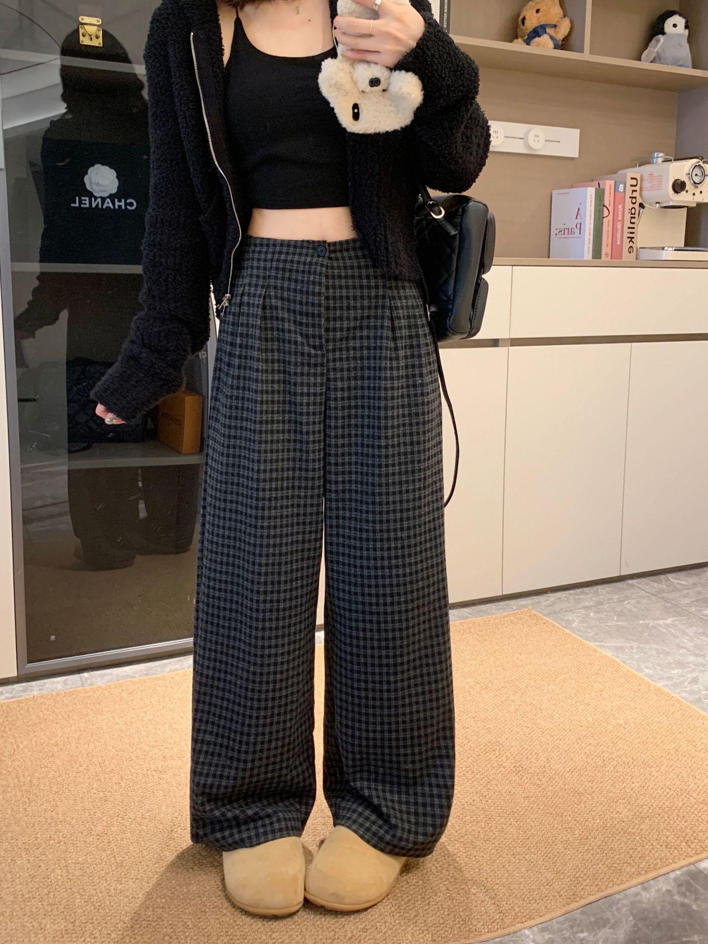 

Plus Size Women s High Waist Black Plaid Wool Wide Leg Pants with Faux Silver Fox Fur Trim 4XL (recommended for 90-100 kg)