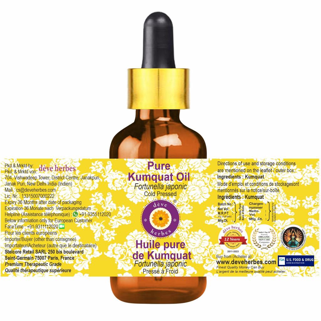 Deve Herbes Pure Kumquat Oil (Fortunella Japonic) with Glass Dropper | Cold Pressed | Natural | Undiluted | For Diluting Essential Oils | For Ski