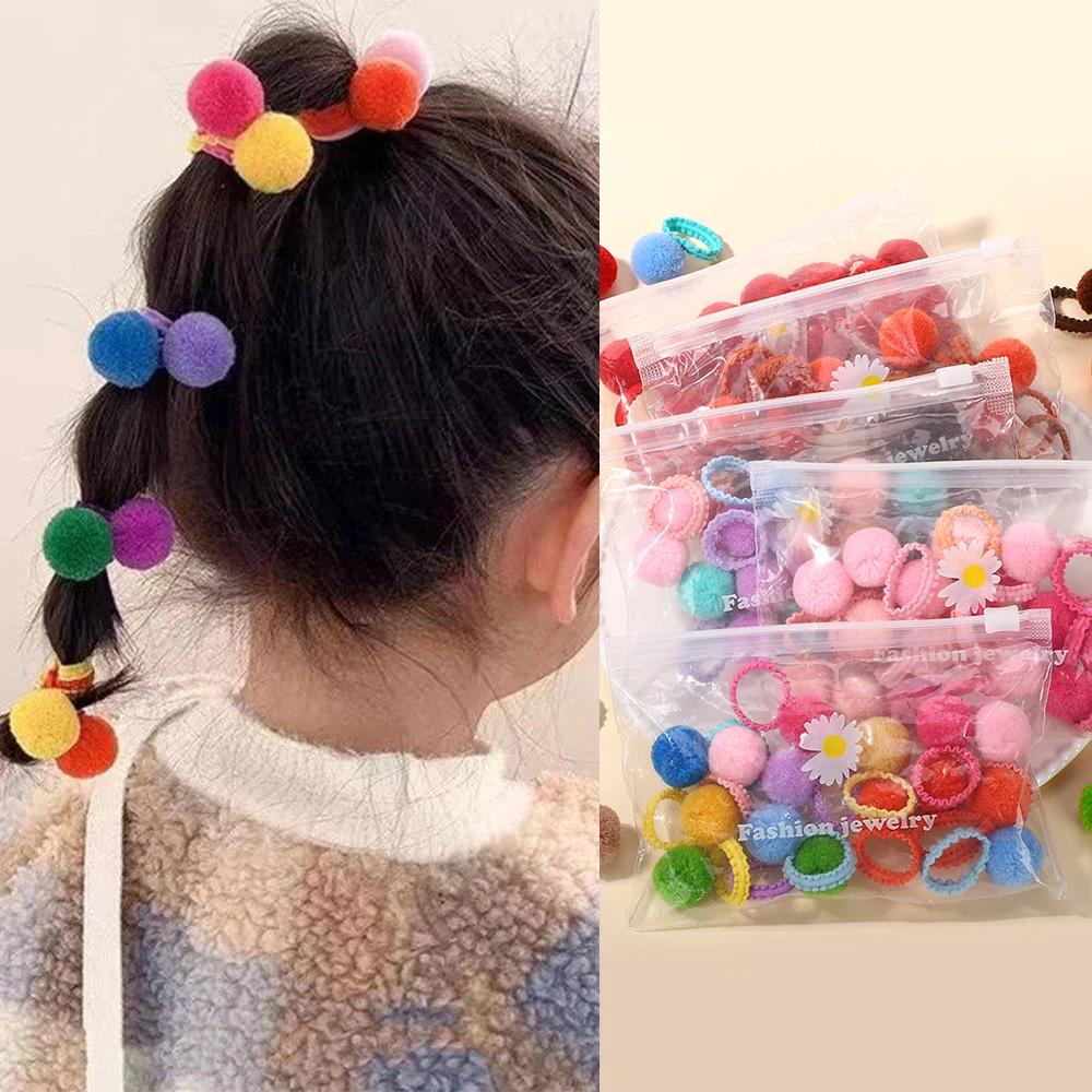 REGENBOGEN SCHLEIFEN 20 Stück Mädchen Bunte Plüschkugel Elastische Haarbänder Haargummis Zöpfe Gummibänder Kopfschmuck Haaraccessoires
