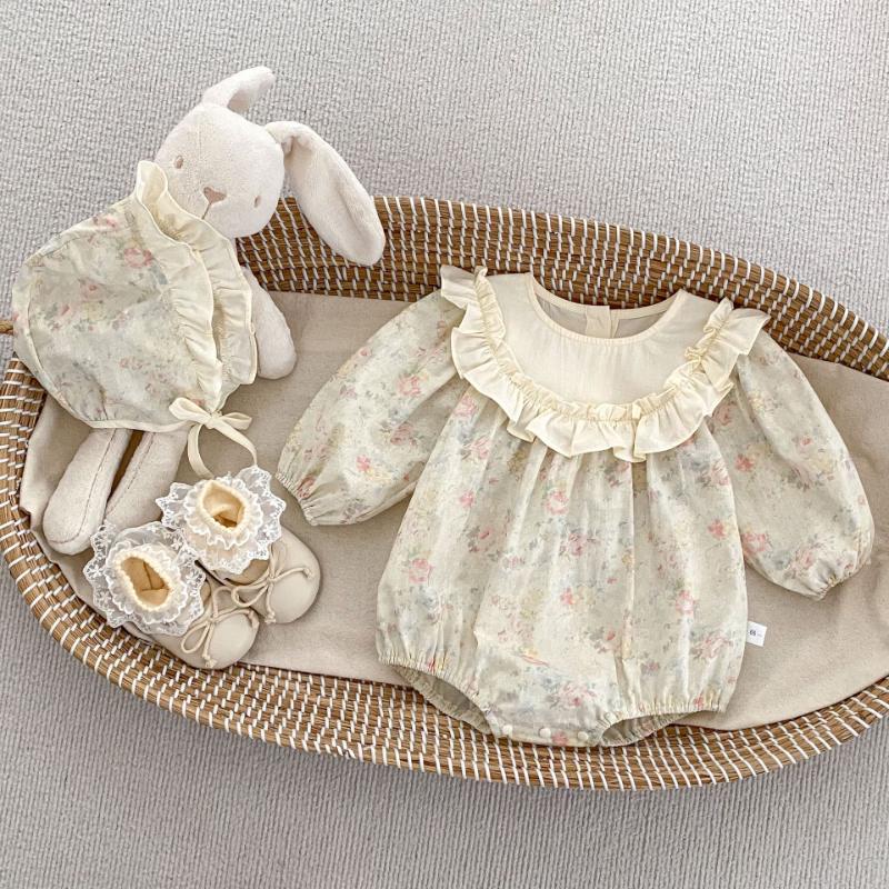 Kayoudou Retro Floral Long-Sleeve Baby Bodysuit & Hat Set 73cm