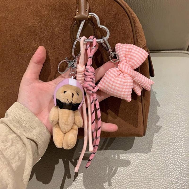 Stylish Plush Helmet Bear Keychain with bowknot Keychain Perfect For Backpacks Luggage Fashionable Daily Companion