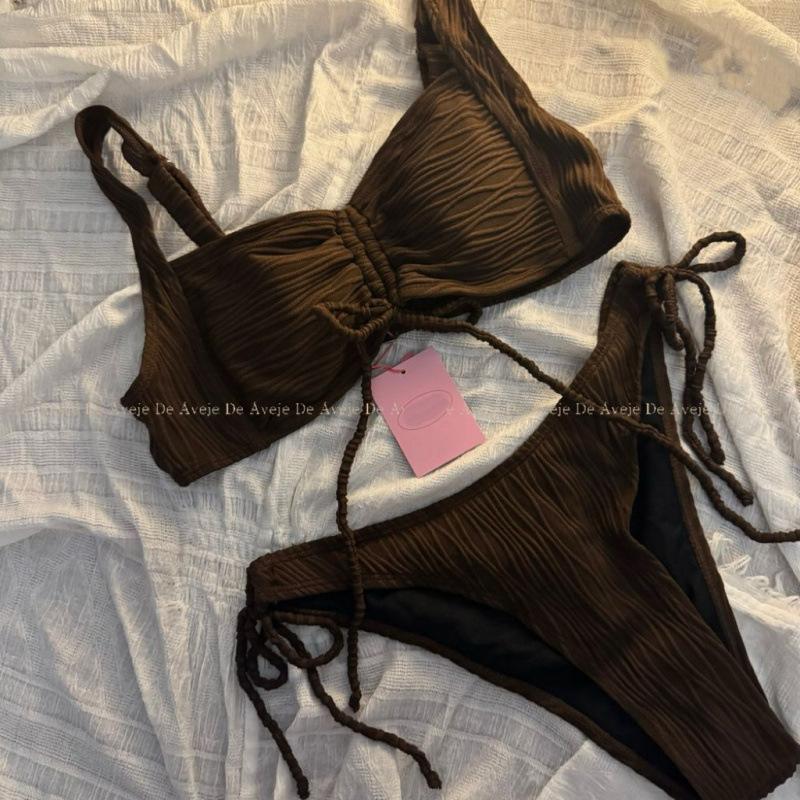 New sexy solid color bikini swimsuit fashion striped pleated triangle swimsuit split swimsuit women M